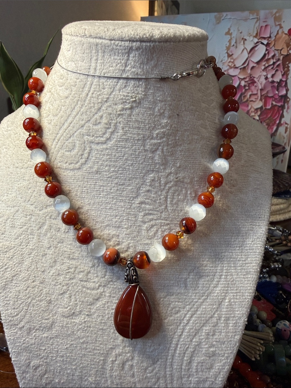 Carnelian & White Agate Beaded Necklace with Teardrop Pendant